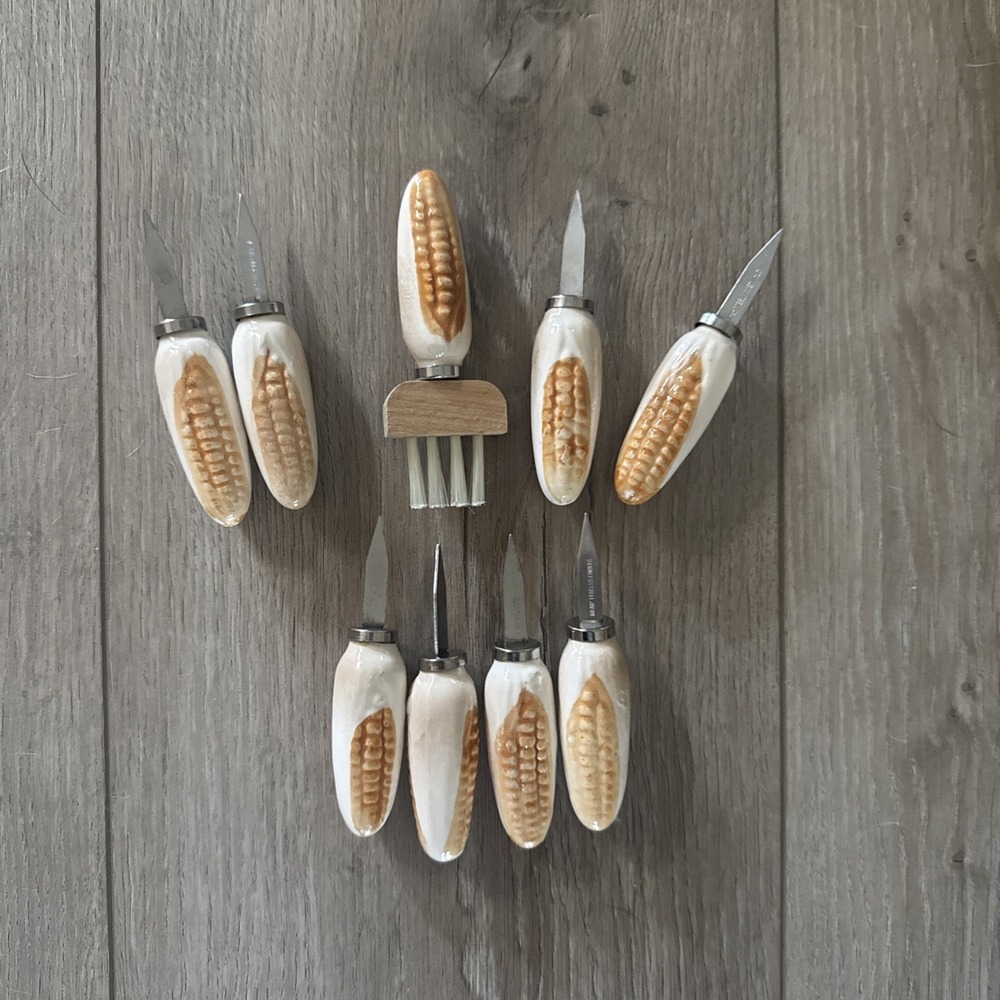 Vintage Corn On The Cob Holders Skewers Set Of 9 Stainless Japan Painted Ceramic